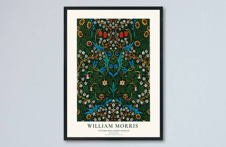 Historic poster print of the famous William Morris Blackthorn design, showing fine museum exhibition text at the base and full botanical artistry across the main sheet for decorative wall display.