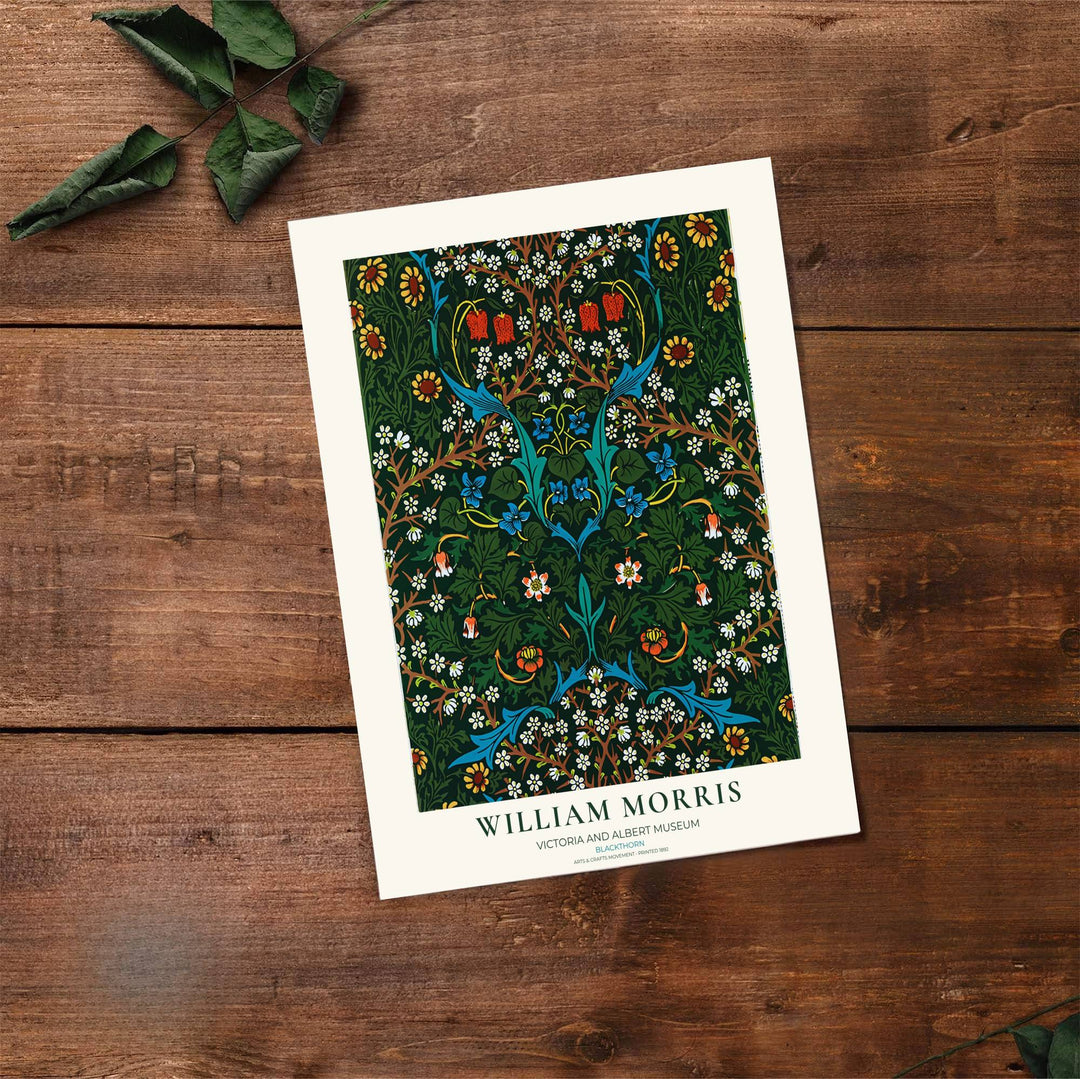 High quality art print showing William Morris Blackthorn vintage botanical artwork, meticulously produced to ensure long lasting color stability and stunning visual appeal in modern home interiors.
