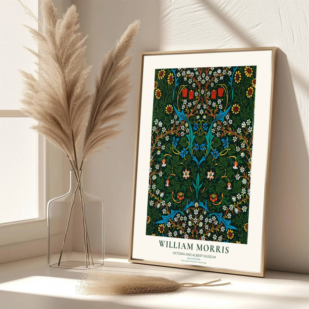 High quality art print showing William Morris Blackthorn vintage botanical artwork, meticulously produced to ensure long lasting color stability and stunning visual appeal in modern home interiors.