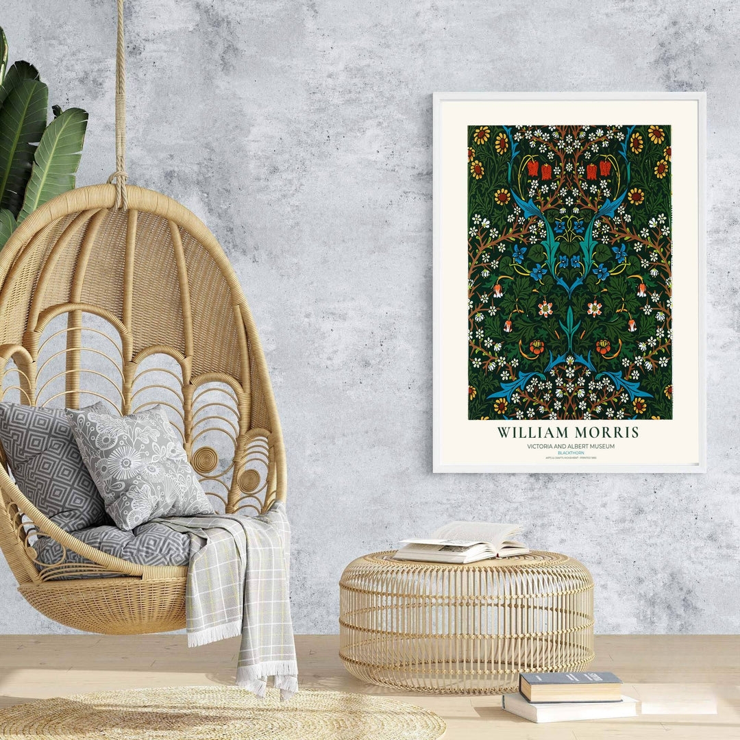 Decorative artwork print of William Morris Blackthorn featuring dense leaf background fills, vibrant floral highlights, and a clean cream border suitable for luxury interior styling and wall displays.