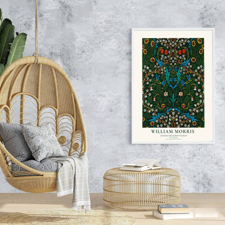 Decorative artwork print of William Morris Blackthorn featuring dense leaf background fills, vibrant floral highlights, and a clean cream border suitable for luxury interior styling and wall displays.