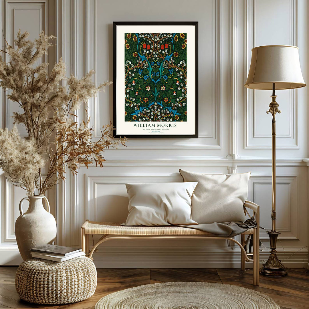 Elegant art print reproduction of the classic Blackthorn artwork by William Morris, ideal for flexible decor setups and tailored color schemes across traditional, transitional, or moody interiors.