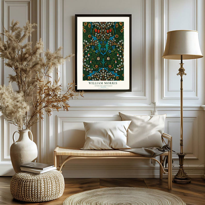 Elegant art print reproduction of the classic Blackthorn artwork by William Morris, ideal for flexible decor setups and tailored color schemes across traditional, transitional, or moody interiors.