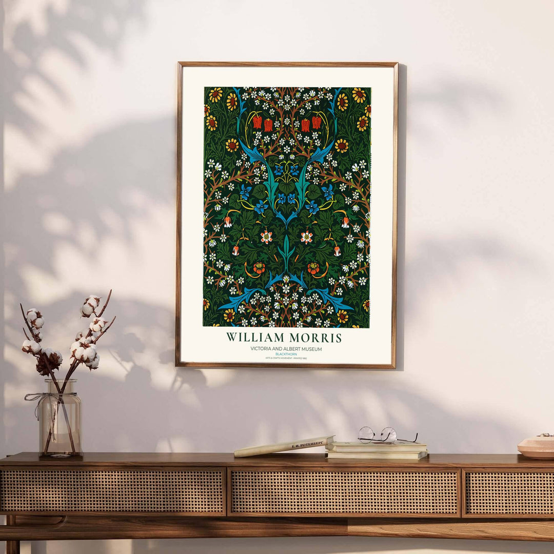 Fine graphic print featuring the detailed textile art of William Morris titled Blackthorn, serving as a sophisticated centerpiece for Victorian, dark academia, or moody room decor themes.