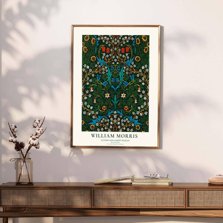 Fine graphic print featuring the detailed textile art of William Morris titled Blackthorn, serving as a sophisticated centerpiece for Victorian, dark academia, or moody room decor themes.
