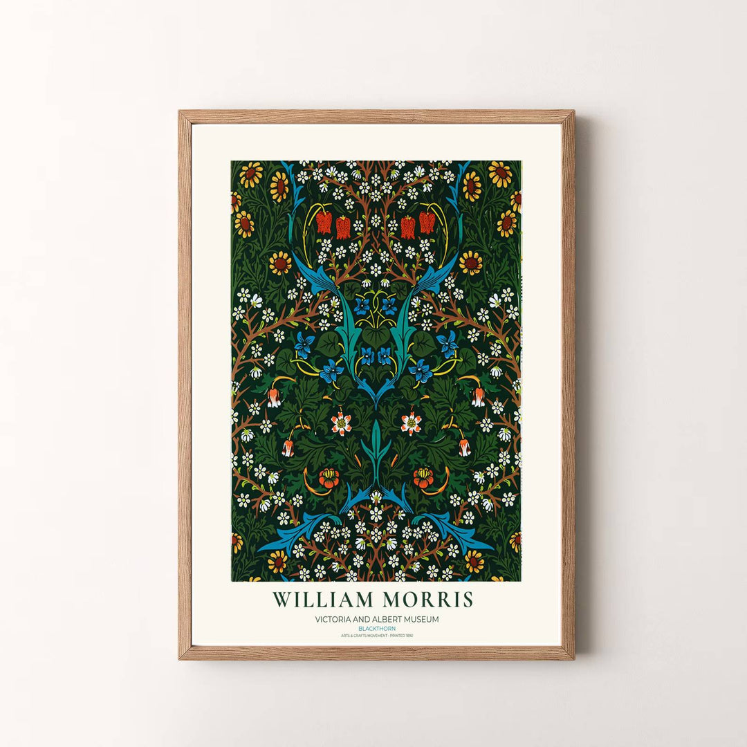 Archival visual print featuring William Morris Blackthorn foliage patterns, offering clean museum text borders and delicate wildflower figures suitable for home library, hallway, or study accent walls.