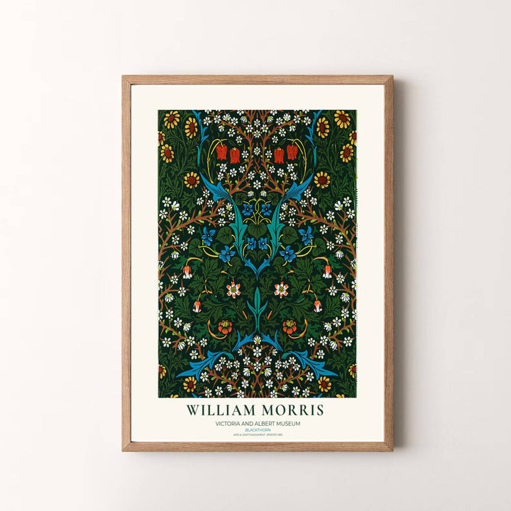 Archival visual print featuring William Morris Blackthorn foliage patterns, offering clean museum text borders and delicate wildflower figures suitable for home library, hallway, or study accent walls.