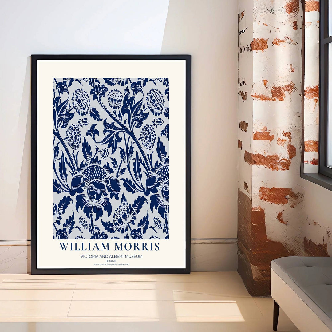 Decorative wall art print of William Morris Bough navy and white poster set against a clean cream margin, bringing timeless vintage British botanical elegance into home interior spaces.