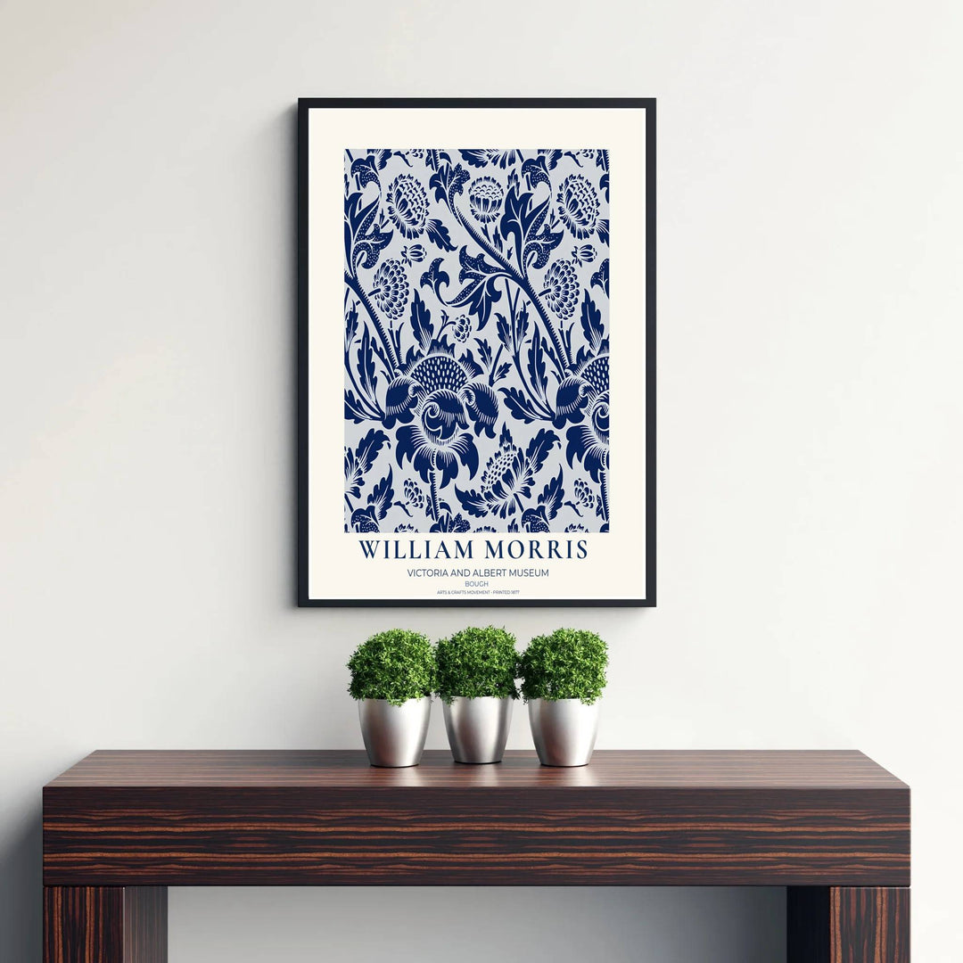 Fine art print showcasing the intricate branch and foliage detailing of William Morris Bough, offering a crisp porcelain-like aesthetic with navy blue floral shapes for living room decor.