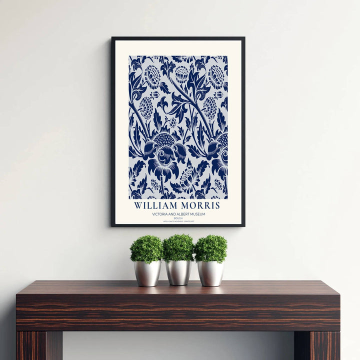 Fine art print showcasing the intricate branch and foliage detailing of William Morris Bough, offering a crisp porcelain-like aesthetic with navy blue floral shapes for living room decor.