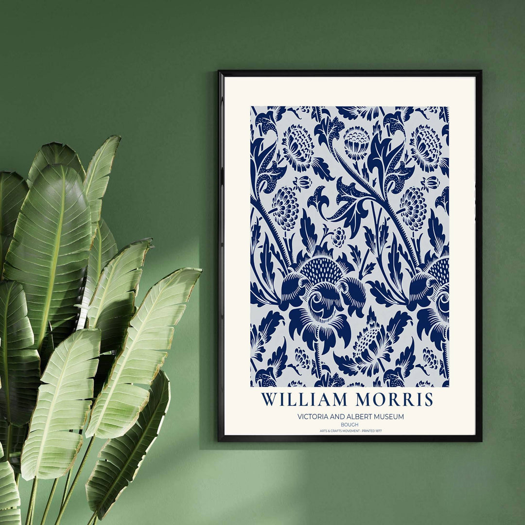 Modern decorative floral print of William Morris Bough featuring detailed acanthus branches and bold leaf patterns, ideal for contemporary wall decoration and light filled living areas.