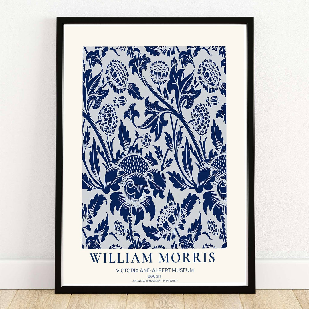 High quality William Morris Bough navy blue white print displaying swirling acanthus leaves and detailed thistle heads perfect for crisp living room wall decor.