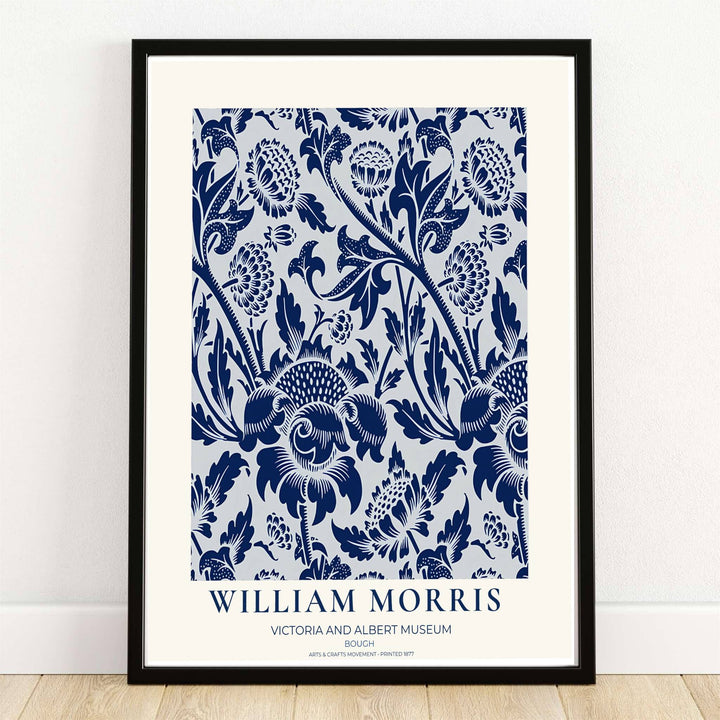 High quality William Morris Bough navy blue white print displaying swirling acanthus leaves and detailed thistle heads perfect for crisp living room wall decor.