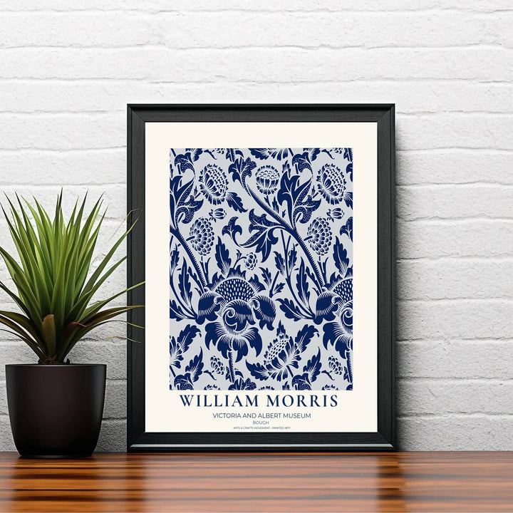 Sophisticated William Morris Bough floral poster print, designed to coordinate with coastal home accents, navy blue tones, and high contrast botanical wall art gallery layout compositions.