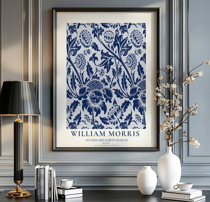 Beautiful Arts and Crafts Bough leaf motif print by William Morris, ideal for creating an artistic focal point in hallways, studies, or dining areas seeking classic British heritage visual charm.
