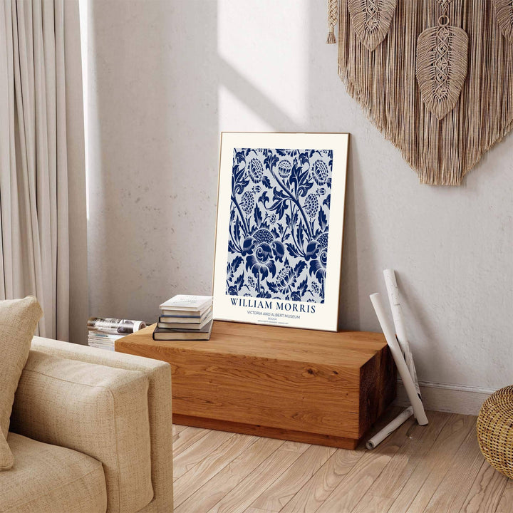 Timeless William Morris Bough botanical art print, combining fluid vintage movement with historic exhibition typography elements to suit versatile living room and dining room interior decorating themes.