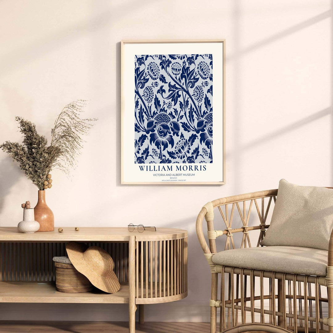 Detailed botanical illustration print displaying the swirling foliage movement and blooming thistle heads of William Morris, perfect for striking wall arrangements and modern gallery collections.