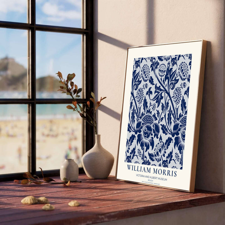 High definition graphic print of the renowned Bough design by William Morris, showcasing lush foliage details and classic navy blue tones for lasting aesthetic appeal in residential spaces.