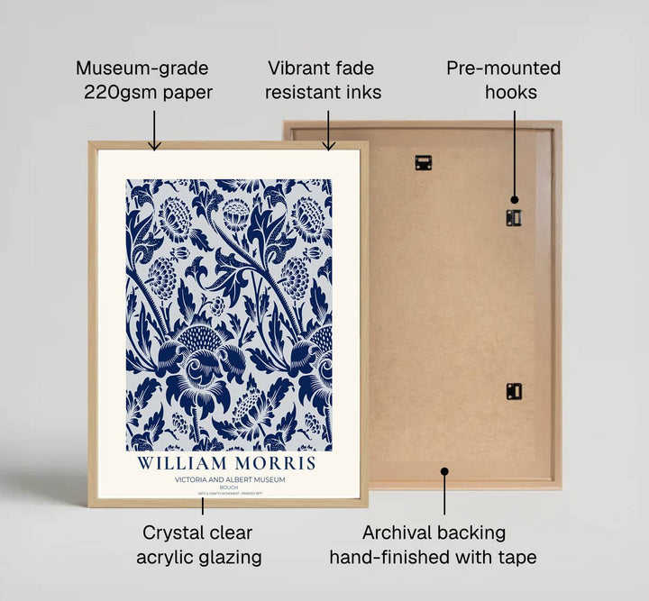 High quality art print showing William Morris Bough vintage botanical artwork, meticulously produced to ensure long lasting color stability and stunning visual appeal in modern home interiors.