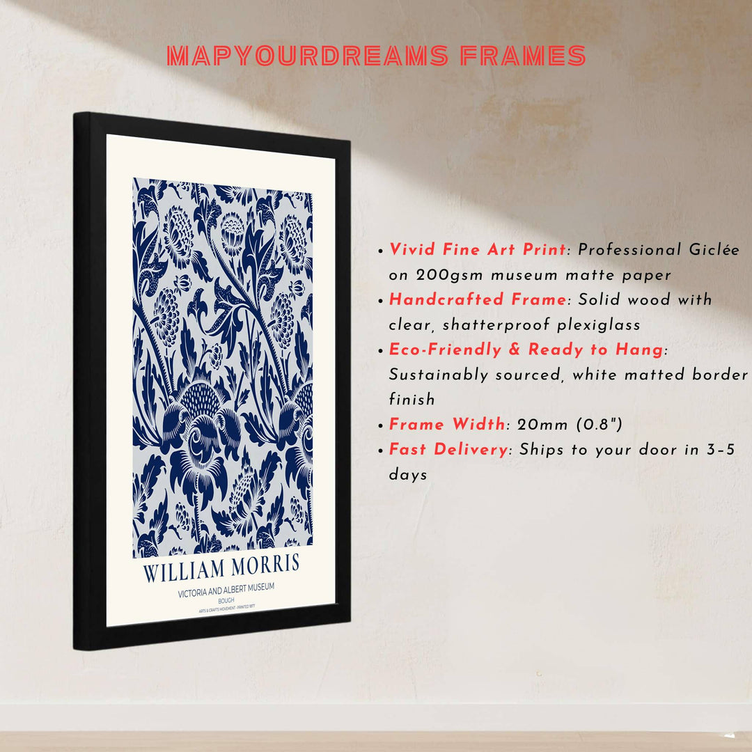 Premium heritage botanical print of the historic 1877 Bough layout by William Morris, ideal for styling bright interior spaces or building an eclectic vintage art poster collection across home rooms.