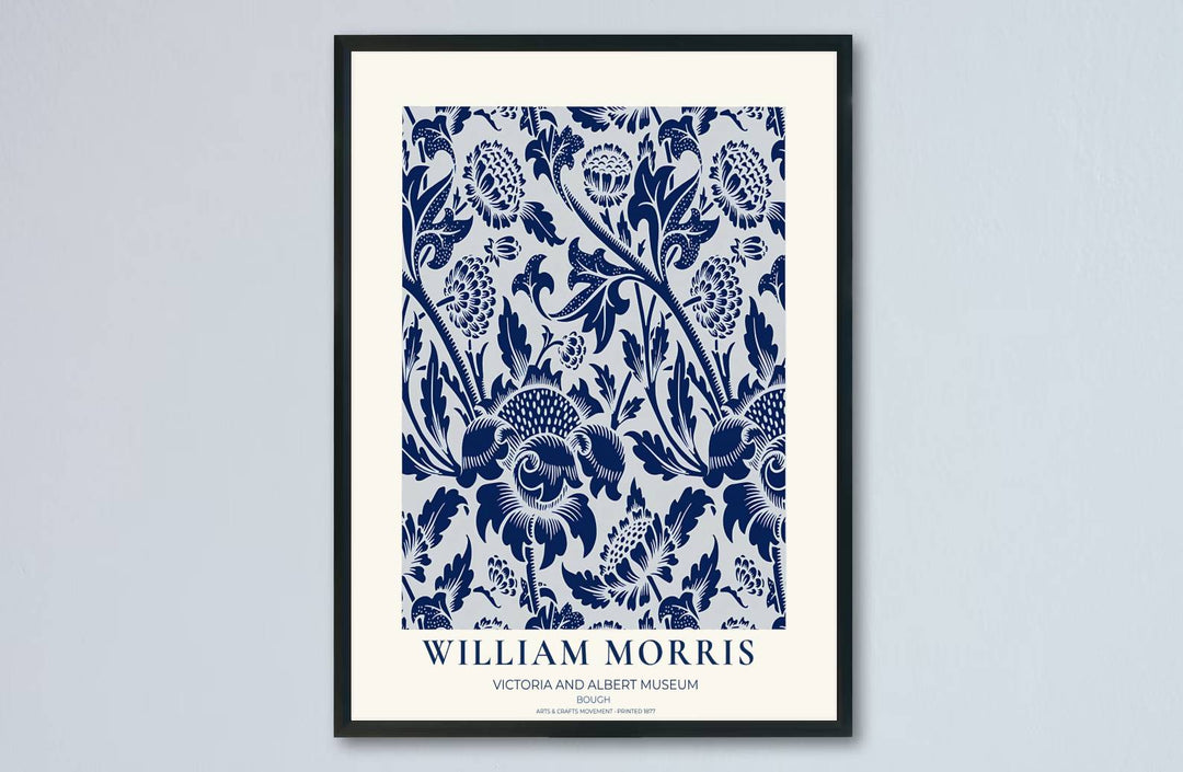 Decorative artwork print of William Morris Bough featuring sweeping leaf fills, navy blue highlights, and a clean cream border suitable for luxury interior styling and wall displays.