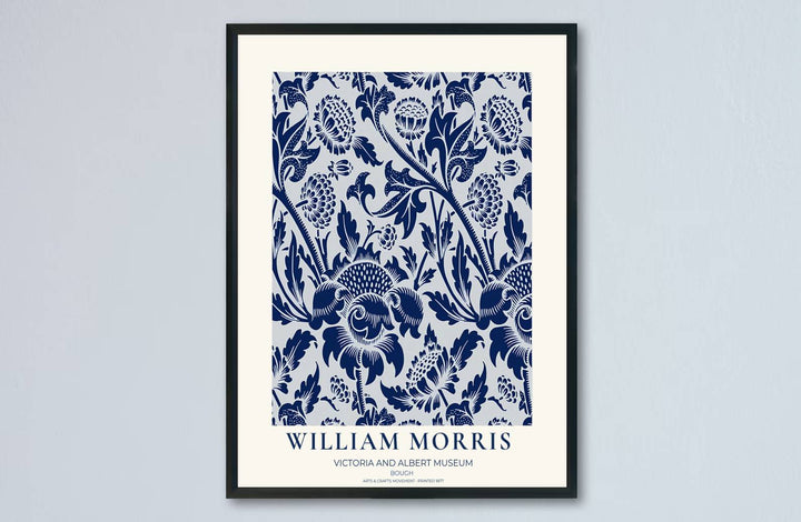 Decorative artwork print of William Morris Bough featuring sweeping leaf fills, navy blue highlights, and a clean cream border suitable for luxury interior styling and wall displays.