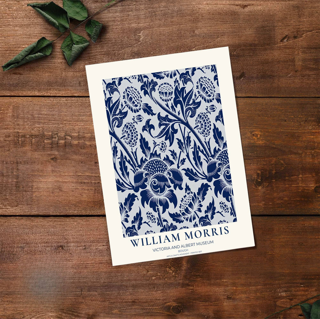 Detailed artwork print rendition of the iconic William Morris Bough poster, highlighting high contrast navy, white, and pale ice blue tones ideal for coastal living room focal points.