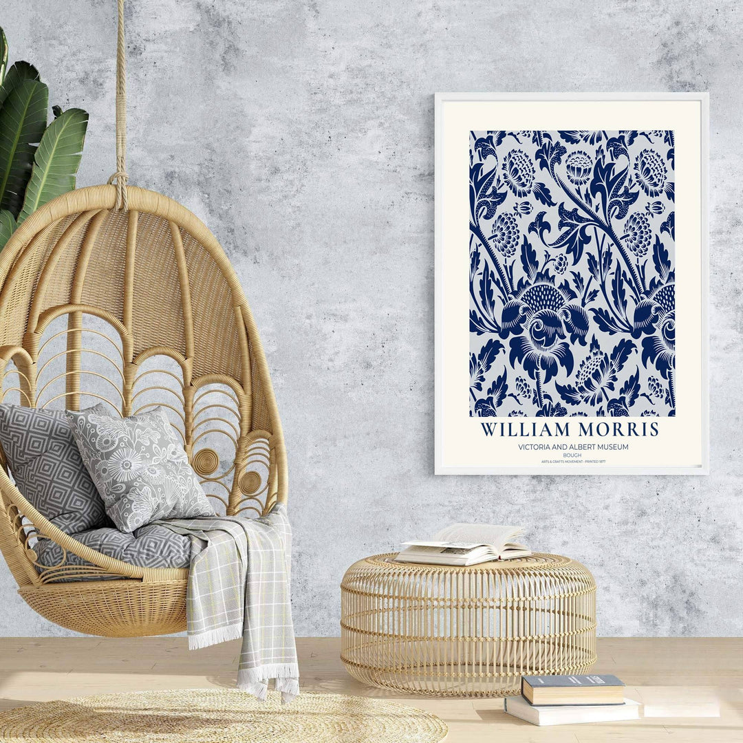 Authentic Arts and Crafts Bough design print by William Morris, bringing organic energy, refined English heritage art, and crisp navy blue contrast into cozy home living spaces.