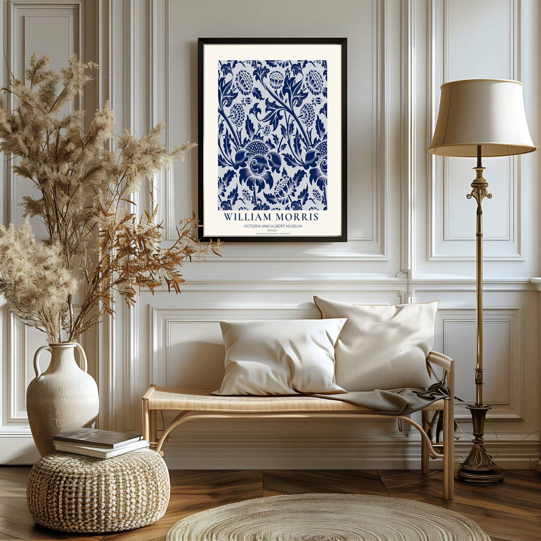 Fine graphic print featuring the detailed textile art of William Morris titled Bough, serving as a sophisticated centerpiece for Victorian, coastal, or blue-and-white room decor themes.