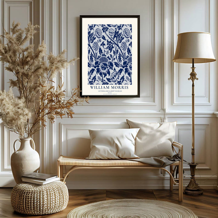 Fine graphic print featuring the detailed textile art of William Morris titled Bough, serving as a sophisticated centerpiece for Victorian, coastal, or blue-and-white room decor themes.