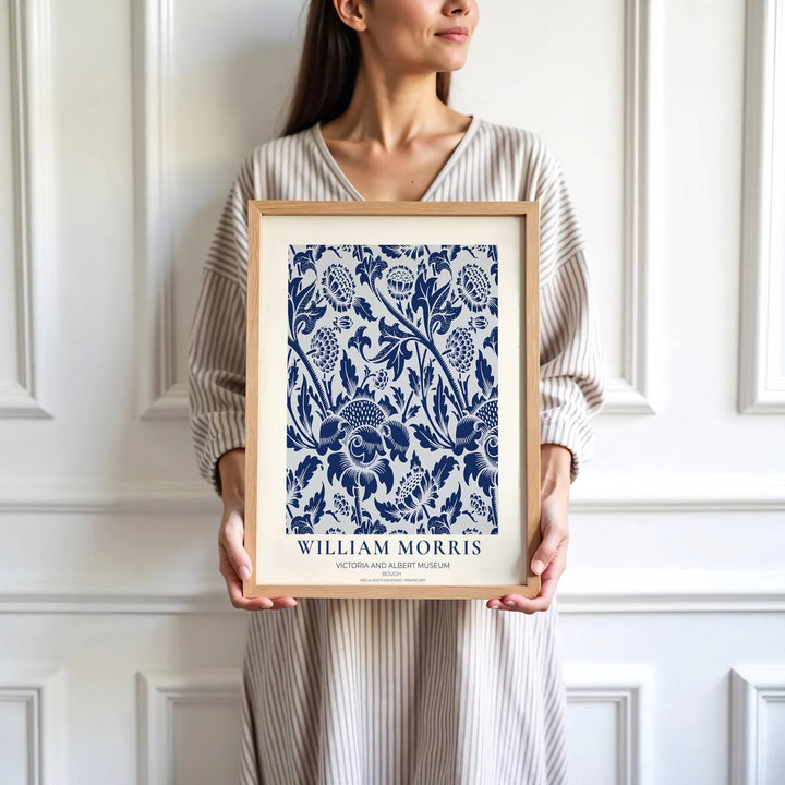 Archival visual print featuring William Morris Bough foliage patterns, offering clean museum text borders and sweeping leaf movement suitable for home library, hallway, or study accent walls.