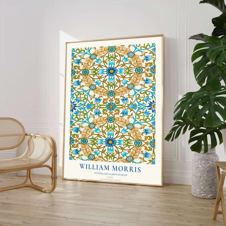 Detailed artwork print rendition of the iconic William Morris Ceiling poster, highlighting bright sky blue, royal blue, golden ochre, and olive green tones ideal for dining room focal points.