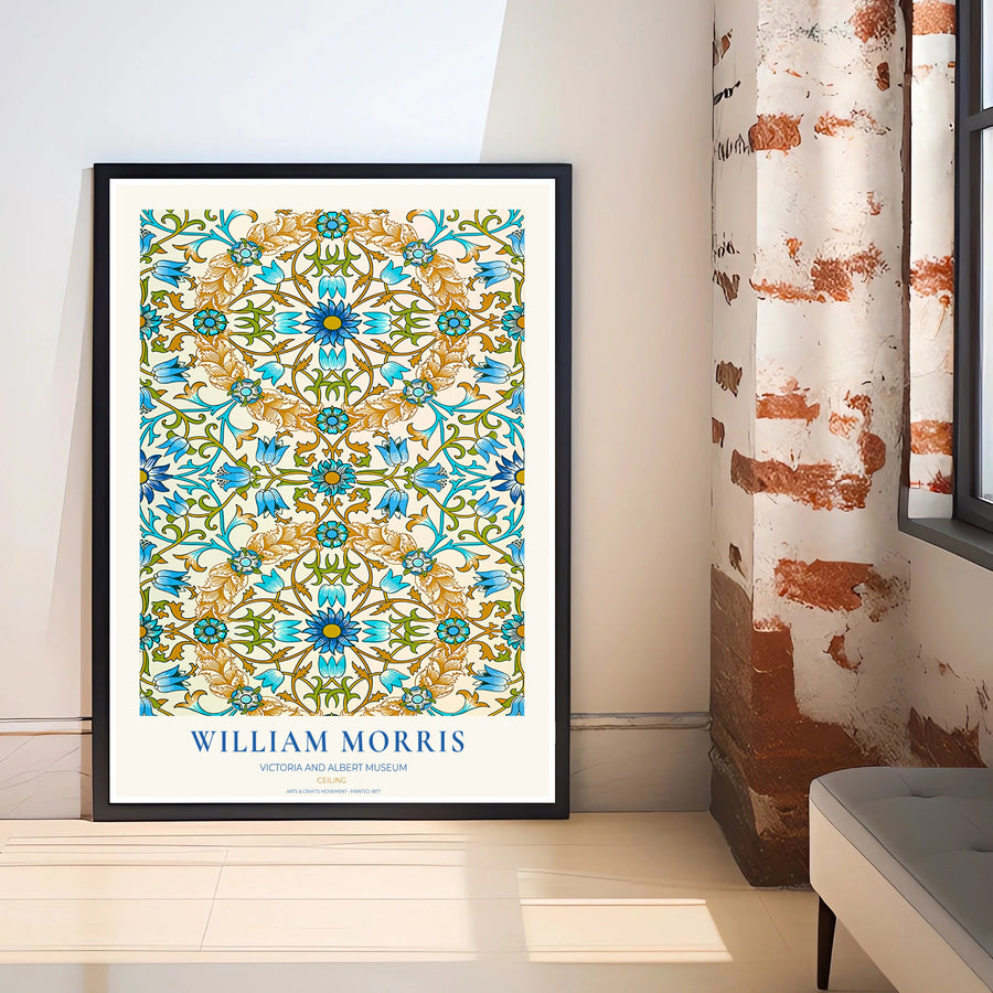 Archival William Morris Ceiling tile print featuring classic Arts and Crafts Movement textile graphics, printed with vivid archival inks on premium paper for museum quality gallery displays.