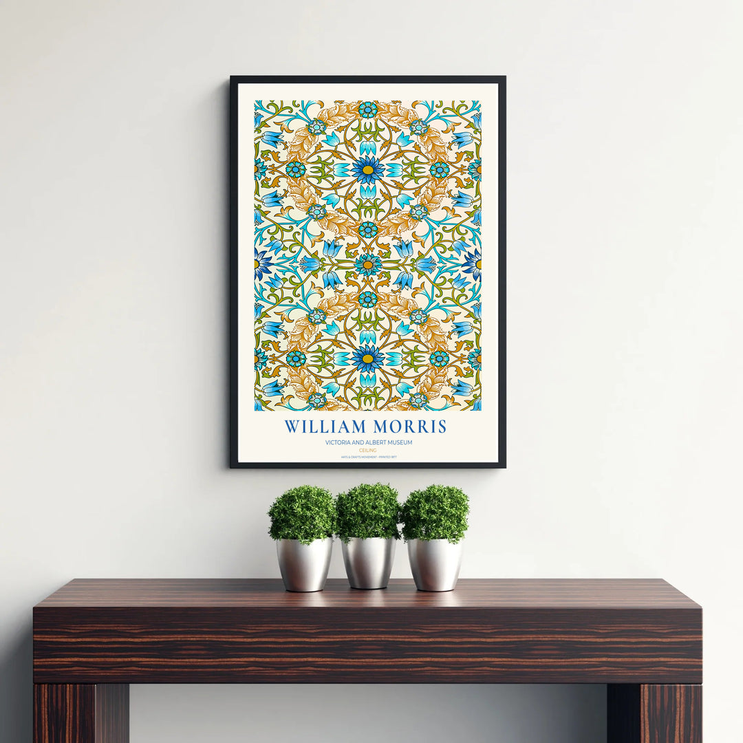 Fine art print showcasing the intricate geometric and leaf detailing of William Morris Ceiling, offering an ornamental tile aesthetic with blue floral shapes for living room decor.