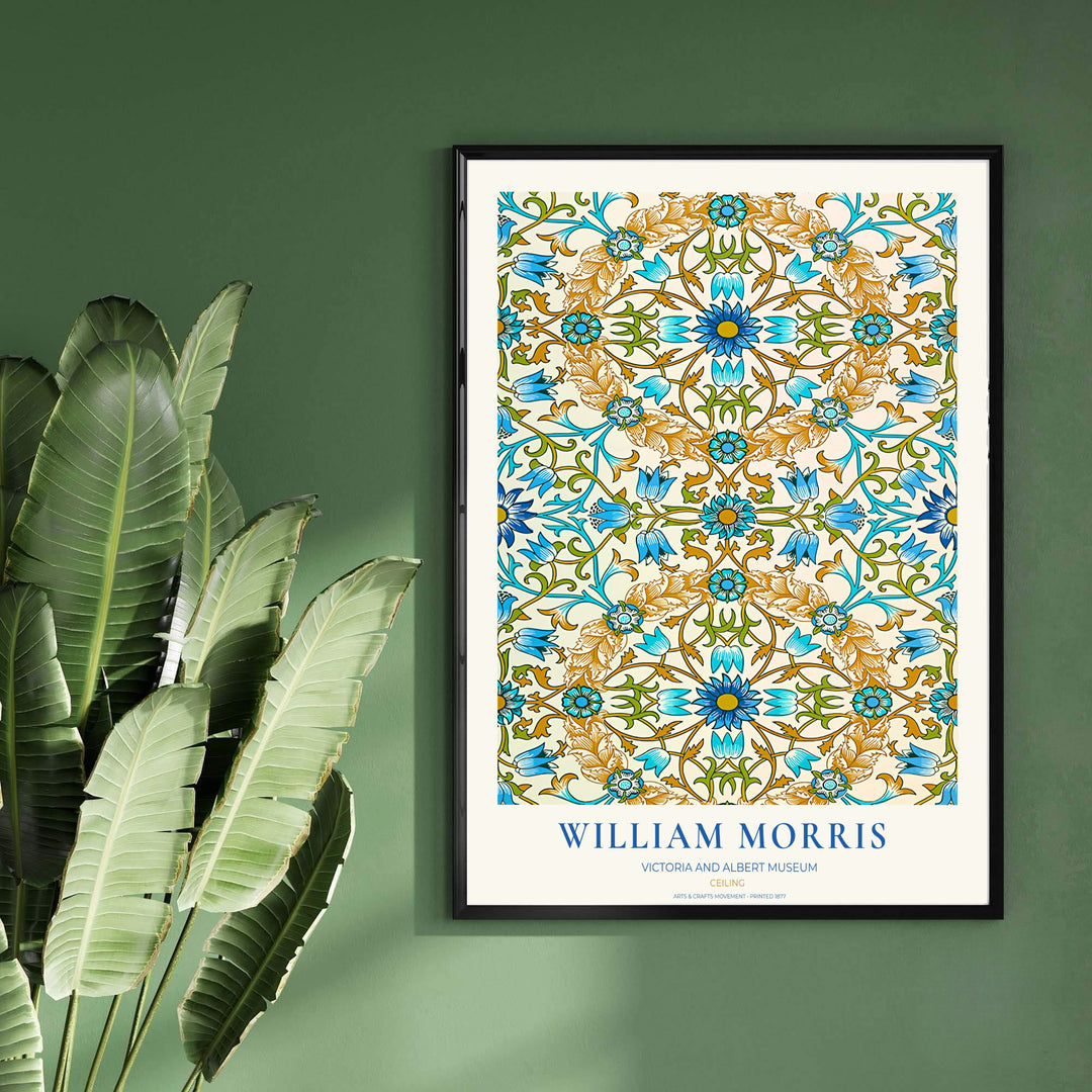 Premium heritage botanical print of the historic 1877 Ceiling layout by William Morris, ideal for styling bright interior spaces or building an eclectic vintage art poster collection across home rooms.