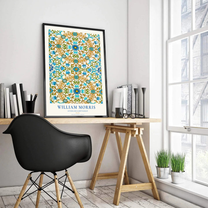 Vintage floral artwork print of William Morris Ceiling, providing a bright, sophisticated touch to classic European, Victorian, and Mediterranean home interior themes with organic pattern graphics.