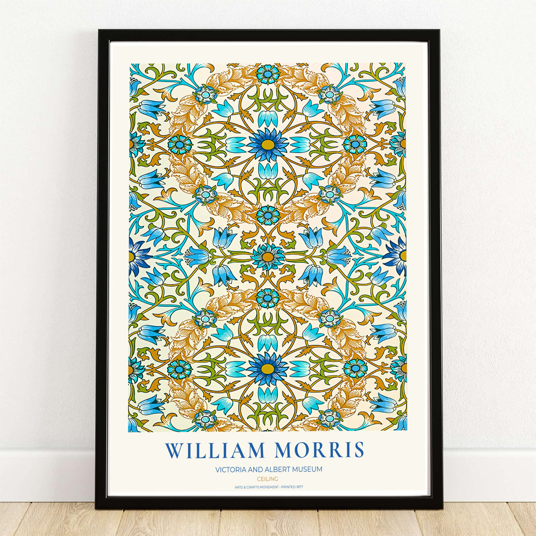 High quality William Morris Ceiling blue gold ochre tile print displaying symmetrical radial rosettes and intricate leafy tendrils perfect for vibrant living room wall decor.