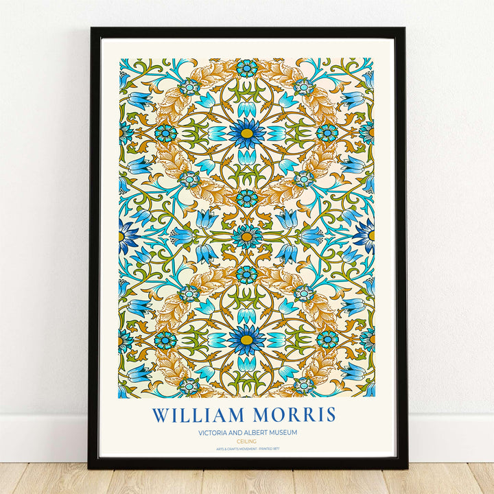 High quality William Morris Ceiling blue gold ochre tile print displaying symmetrical radial rosettes and intricate leafy tendrils perfect for vibrant living room wall decor.