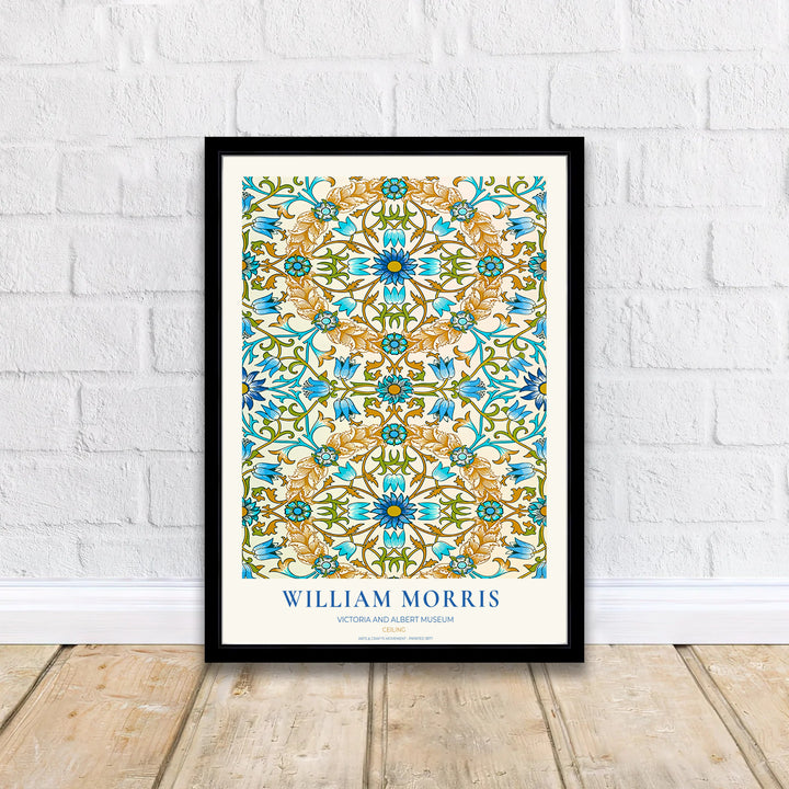 Classic William Morris Ceiling blue gold print, adding a charming vintage flair and rich botanical detail to warm living room arrangements, entryways, and traditional interior spaces.