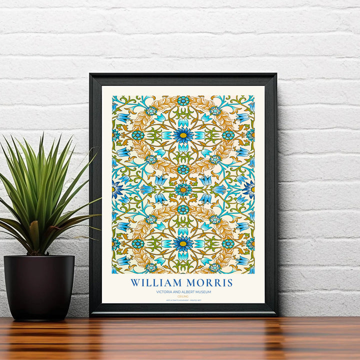 Sophisticated William Morris Ceiling floral poster print, designed to coordinate with Mediterranean home accents, blue tones, and colorful tile botanical wall art gallery layout compositions.
