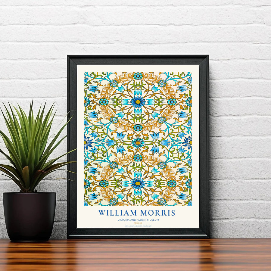 Sophisticated William Morris Ceiling floral poster print, designed to coordinate with Mediterranean home accents, blue tones, and colorful tile botanical wall art gallery layout compositions.