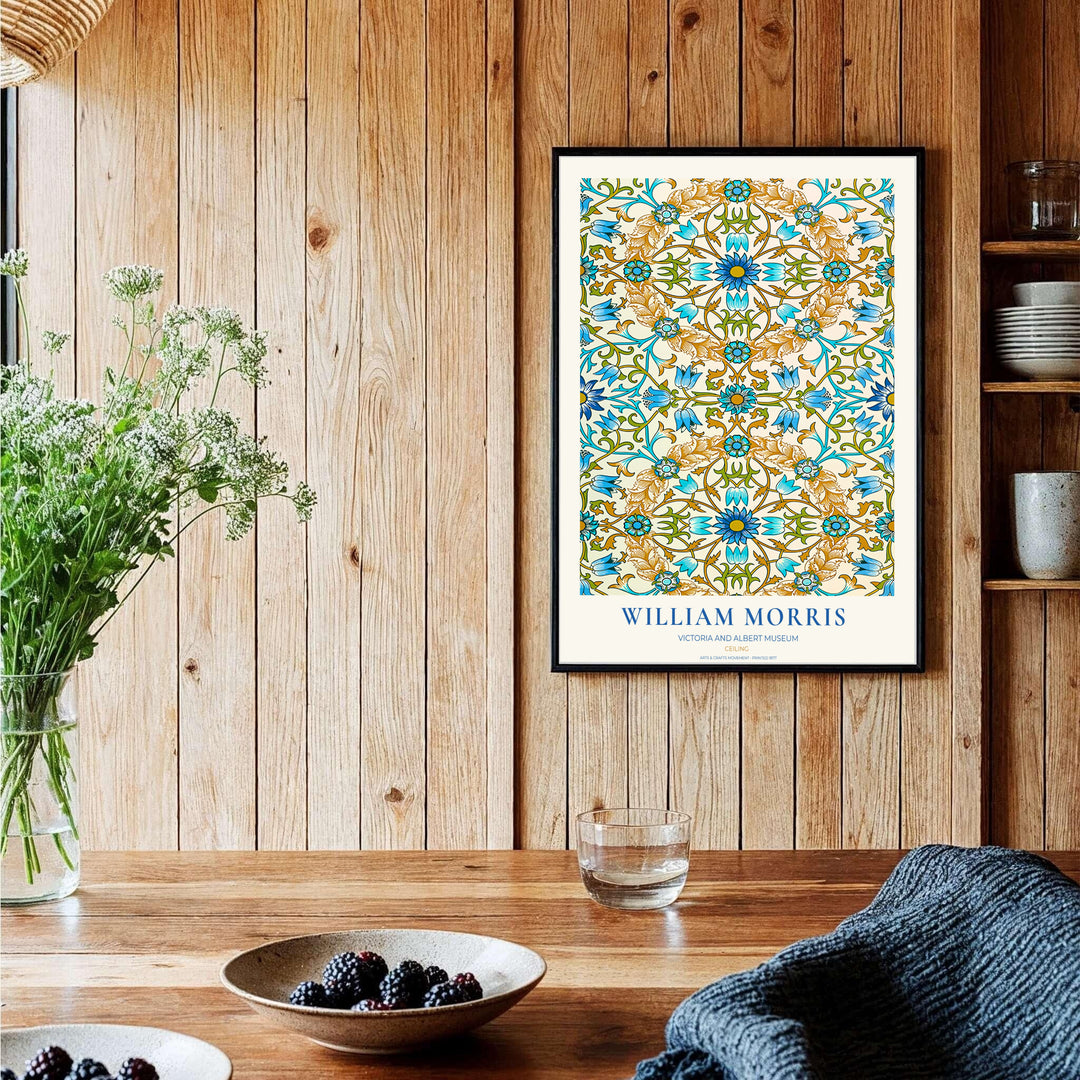 Historic artwork print of William Morris Ceiling, capturing stylized radial rosettes, bell flowers, and soft cream backgrounds suited for dining room, hallway, and bedroom wall spaces.