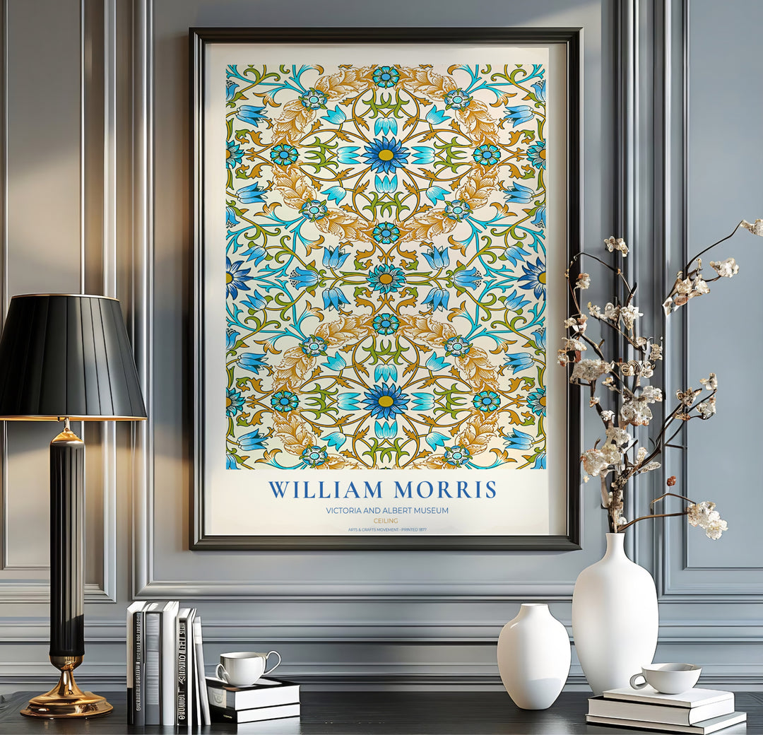 Beautiful Arts and Crafts Ceiling motif print by William Morris, ideal for creating an artistic focal point in hallways, studies, or dining areas seeking classic British heritage visual charm.