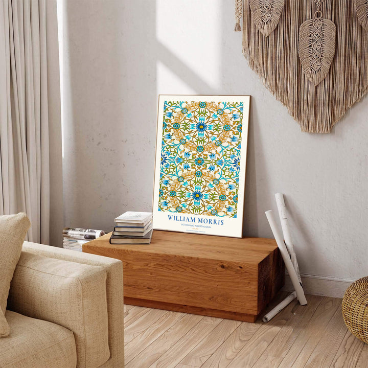 Timeless William Morris Ceiling botanical art print, combining fluid vintage movement with historic exhibition typography elements to suit versatile living room and dining room interior decorating themes.
