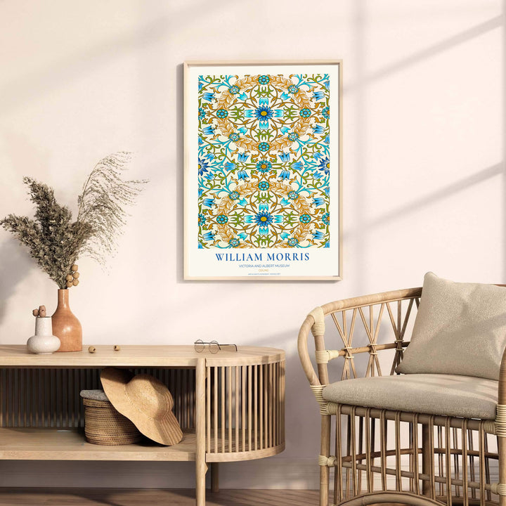 Detailed botanical illustration print displaying the swirling foliage movement and blooming blue rosettes of William Morris, perfect for striking wall arrangements and modern gallery collections.