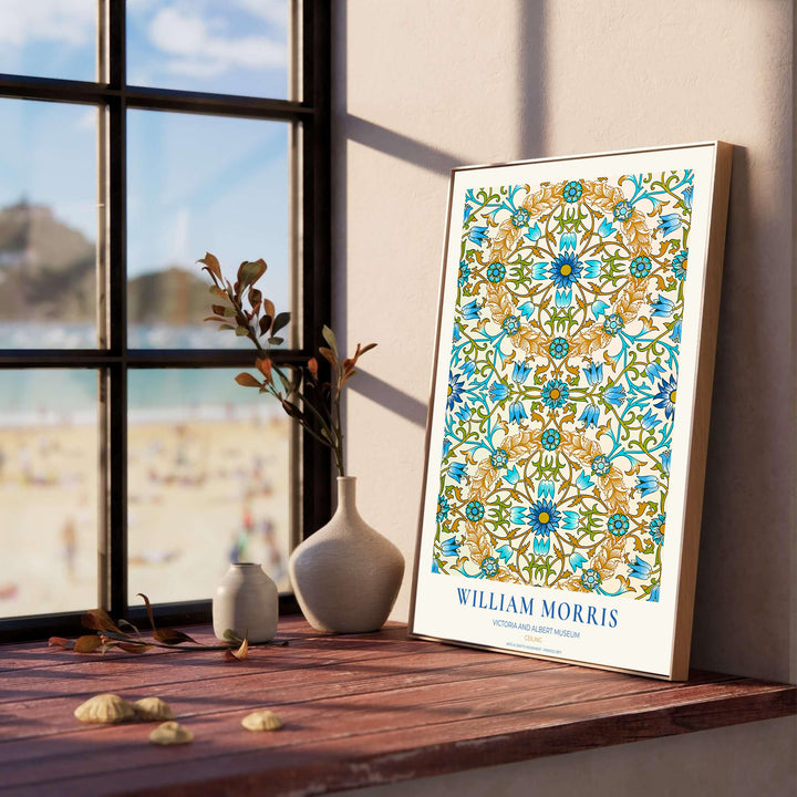 Modern decorative floral print of William Morris Ceiling featuring detailed interlocking rosettes and ochre tendril patterns, ideal for contemporary wall decoration and light filled living areas.