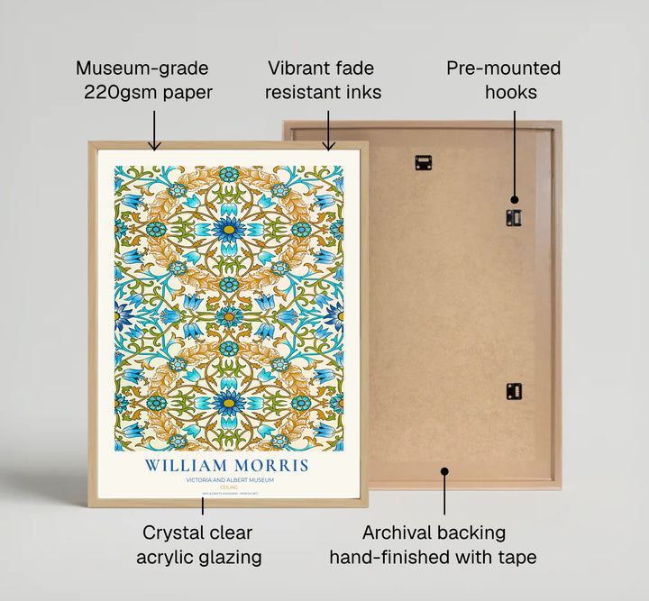 High definition graphic print of the renowned Ceiling design by William Morris, showcasing lush foliage details and classic blue and ochre tones for lasting aesthetic appeal in residential spaces.