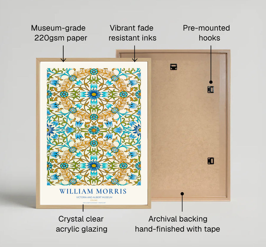 High definition graphic print of the renowned Ceiling design by William Morris, showcasing lush foliage details and classic blue and ochre tones for lasting aesthetic appeal in residential spaces.