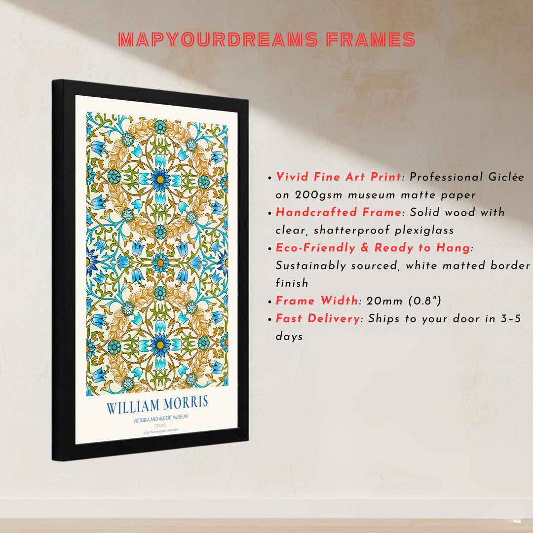 Historic poster print of the famous William Morris Ceiling design, showing fine museum exhibition text at the base and full botanical artistry across the main sheet for decorative wall display.