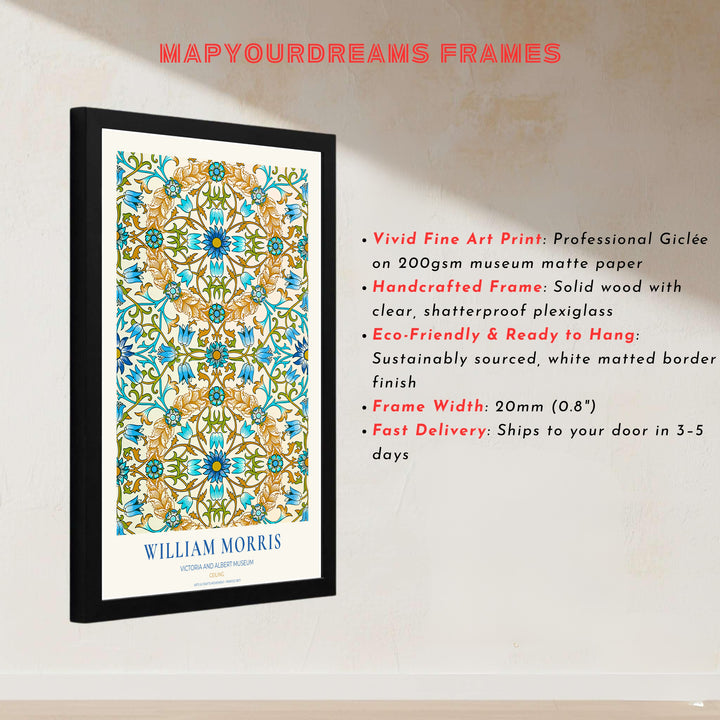 Historic poster print of the famous William Morris Ceiling design, showing fine museum exhibition text at the base and full botanical artistry across the main sheet for decorative wall display.